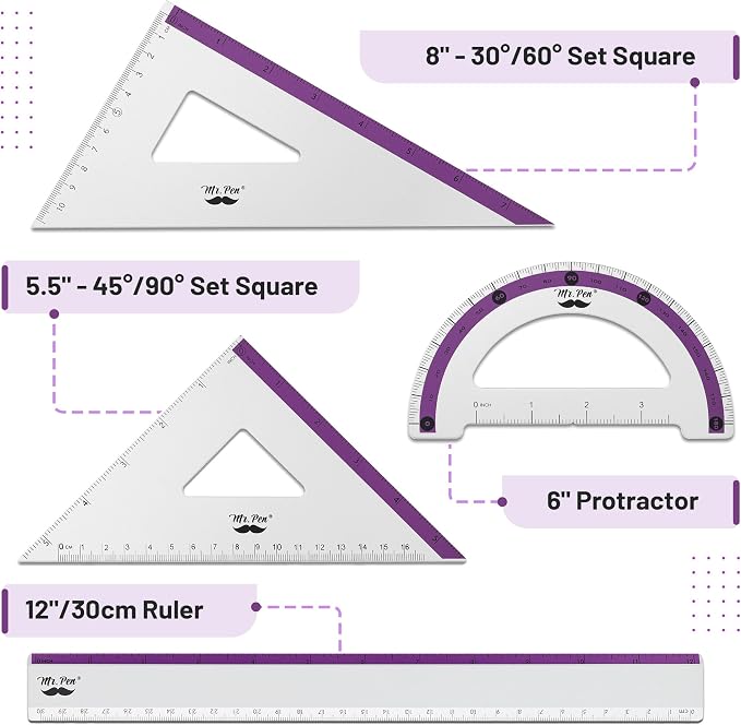 Mr. Pen- Metal Geometry Kit, 4 Pack, 45° & 30°/60° Set Squares | 6" Protractor - Image 2