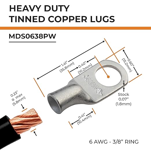 SELTERM 10pcs 6 AWG-3/8 Stud Tinned Copper Wire Lugs, Heavy Duty Battery Cable Ends,6 Gauge Ring Terminals, UL Battery Lugs Marine Grade Copper Eyelets Electrical Battery Terminal Connectors