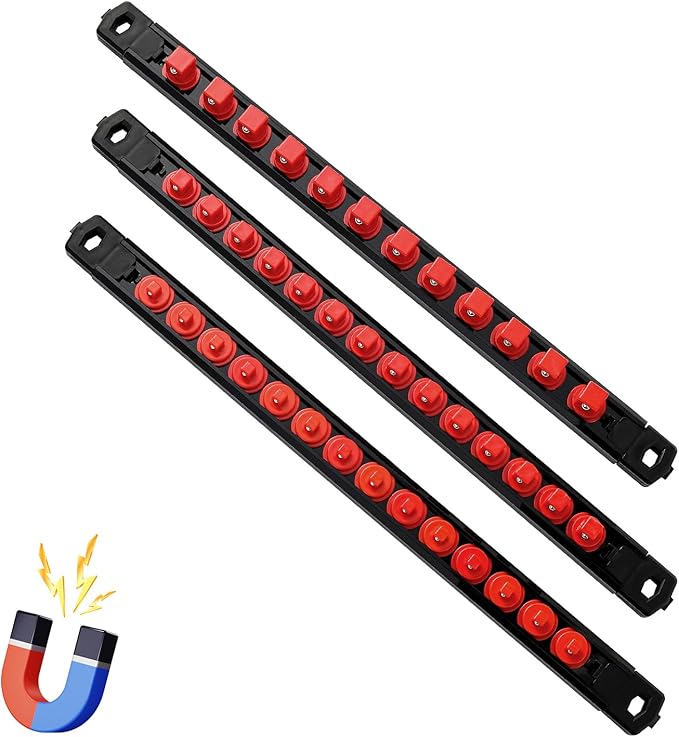 Magnetic Socket Organizer, 3-Piece Heavty Duty ABS Socket Holder, Socket Rail for Tool Box, Premium Quality 360° Swivel Socket Rack with 40 Clips for 1/2, 3/8, 1/4-Inch(Red)