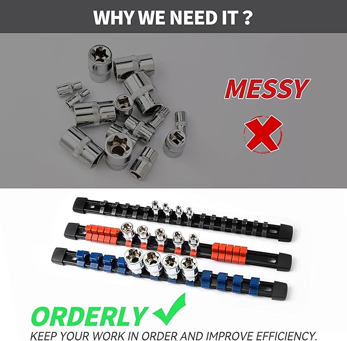 Socket Organizer Drive ABS Tools - Socket Holder, Premium Quality 15 Pieces Socket Holders Kit 1/4-Inch x 80 Clips, 3/8-Inch x 75 Clips, 1/2-Inch x 60 Clips（15PC,Mix-color)