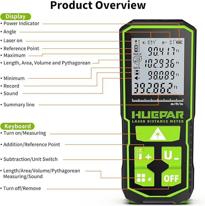 393FT Professional Green Laser Measuring Tool with Angle Sensor, Huepar 1/16in Accuracy Laser Distance Measurement Tool, Digital Laser Room Measuring Device, Laser Distance Meters