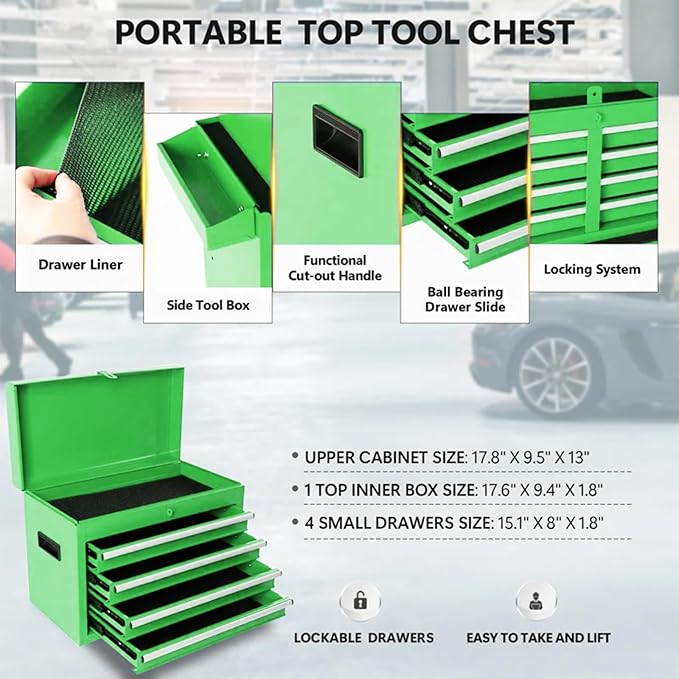 Rolling Tool Chest - 5 Drawers Tool Box Organizer with Lockable Wheels, Sliding Drawers, Detachable Top Tool Box - Tool Storage Cabinet for Garage Workshop, Green