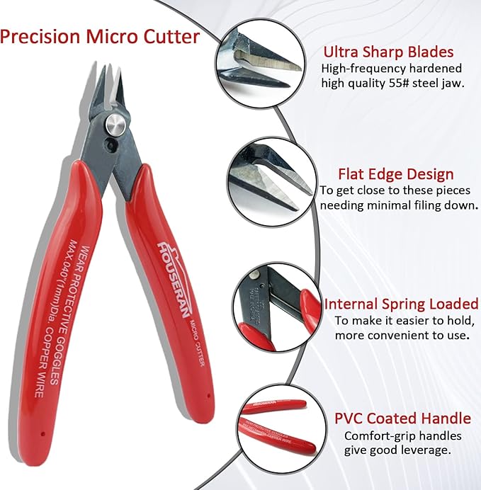 Small Wire Cutters, 5 PACK, 5 Inch Micro 170 Flush Cutter, HOUSERAN Wire Cutters Spring Loaded Cutting Pliers, Side Cutters, Diagoanl Cutters for Jewelry Making, Models, Zip Ties Plastic Wire Snips