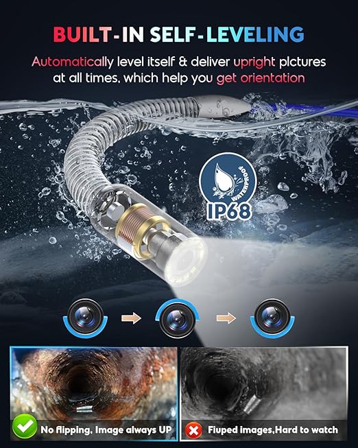 Anysun Sewer Camera Self Leveling with Distance Counter, 100Ft/30M Sewer Drain Camera with DVR Recorder, IP68 Waterproof Pipe Inspection Camera with 16GB Card, 7'' Color HD Snake Camera Borescope