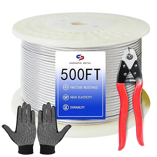 1/8 "T316 Stainless Steel Cable (Wire), 7 * 7 Strands of Twisted Metal for Aviation Construction, Silver with Cutters (500FT)