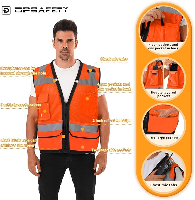 Reflective Safety Vest With Back Plan Pocket - High Visibility Class 2 Heavy Duty Surveyor With Zipper - ANSI/ISEA Standard Construction Work for Men & Women (Orange, 3XL)