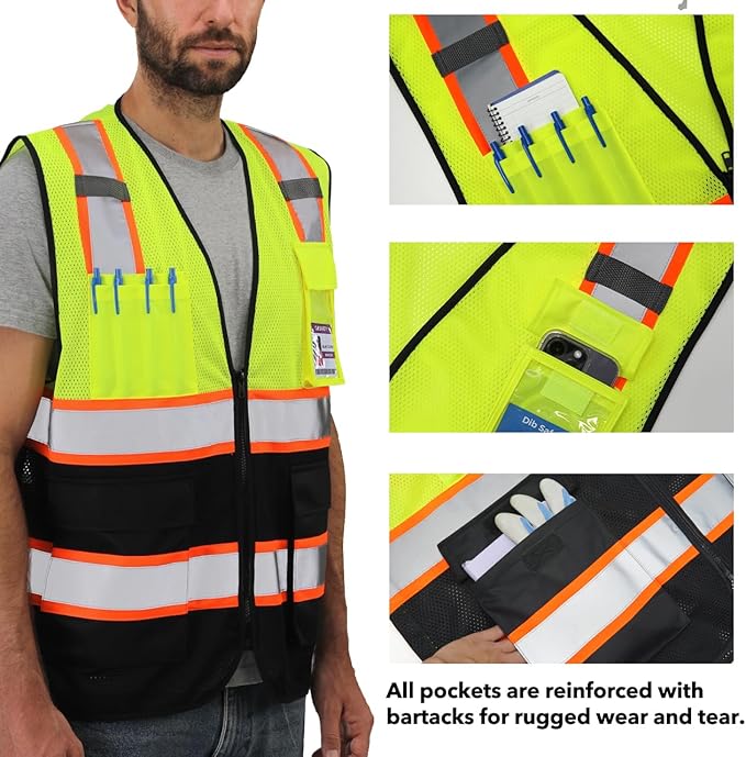 Dib Safety Reflective Mesh Vest High Visibility Two Tone with Pockets and Zipper, Yellow and Black Mesh with Orange Trim XL