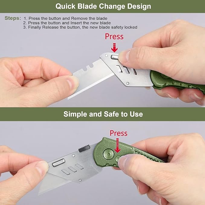 Vickay Folding Utility Knife, Box Cutter with 5 SK5 Quick Change Blades, Safety Axis Lock Design Razor Knife, Lightweight Aluminum Handle Belt Clip for Office Home Artcraft (Olive Green)