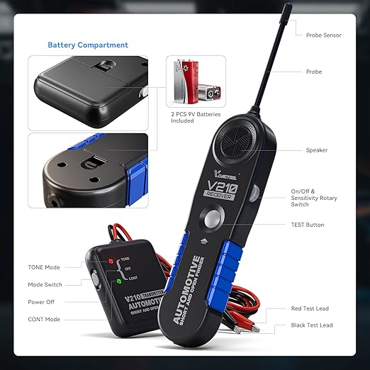 VDIAGTOOL V210 Wire Tracer Automotive Electrical Open & Short Finder Circuit Tester Wire Breaker Finder Fault Probe Cable Tracker Electrical DC 6-42V