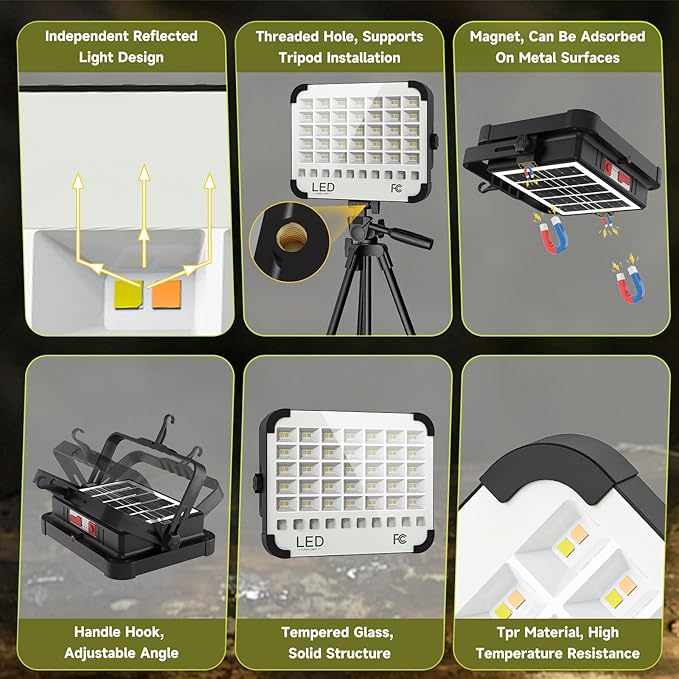 200W LED Solar Work Light 20000LM Magnetic Portable Light, 20000mAh Rechargeable with 5 Modes, IP66 Waterproof for Outdoor Camping, Car Repair, Building, Workshop, Garage, Emergency
