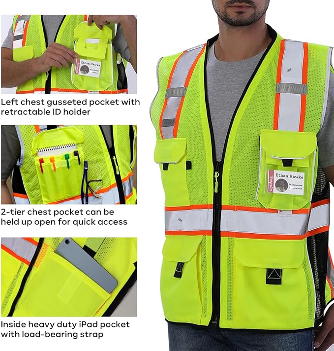 Neopelta Reflective Safety Vest Yellow Mesh, Made with 3M Reflective Tape, Heavy Duty Vest with ID pocket, Padded Neck, Yellow S