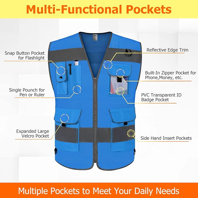 TCCFCCT Mesh Blue Safety Vest for Men Women 9 Pockets High Visibility Reflective Vest for Safety, Work Vest with Reflective Strips, Meets ANSI/ISEA Standards, Large