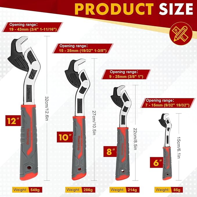 Multifunctional Self locking Wrench, Self Adjusting Pipe Wrench, 6 8 10 12 Inch Self Locking Adjustable Wrench, Non-Slip Handle, Chrome Vanadium Alloy Steel