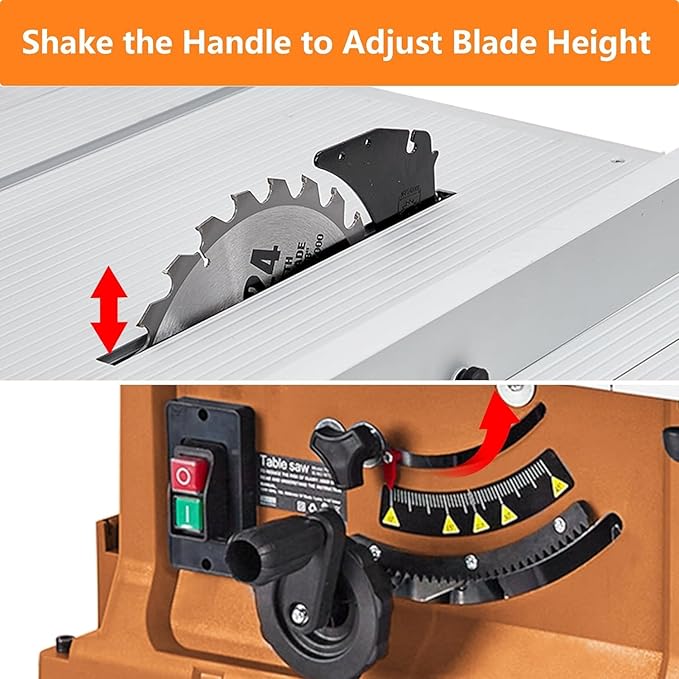 PioneerWorks 10 Inch Table Saw, 15A Multifunctional Saw With Stand & Push Stick, 90° Cross Cut & 0-45° Bevel Cut, 5000RPM, Adjustable Blade Height for Woodworking
