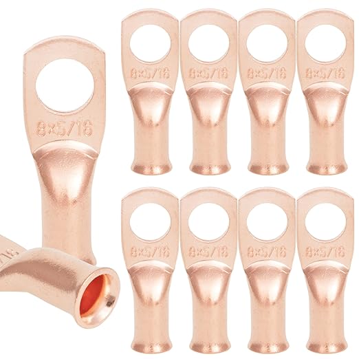 10PCS 8AWG - 5/16''Stud Heavy Duty Copper Terminals,Battery Cable Crimp Lugs,Battery Cable Ends,Bare Copper Eyelets Tubular Ring Terminals,Closed End Crimp Electric Connectors