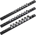 3-Piece Magnetic Socket Organizer, Heavy Duty Aluminum Socket Rails Organizer, 360° Swivel Clips Socket Holder Kit for Tool Box, 1/2, 3/8, 1/4-Inch Socket Holder x 40 Clips (Black)