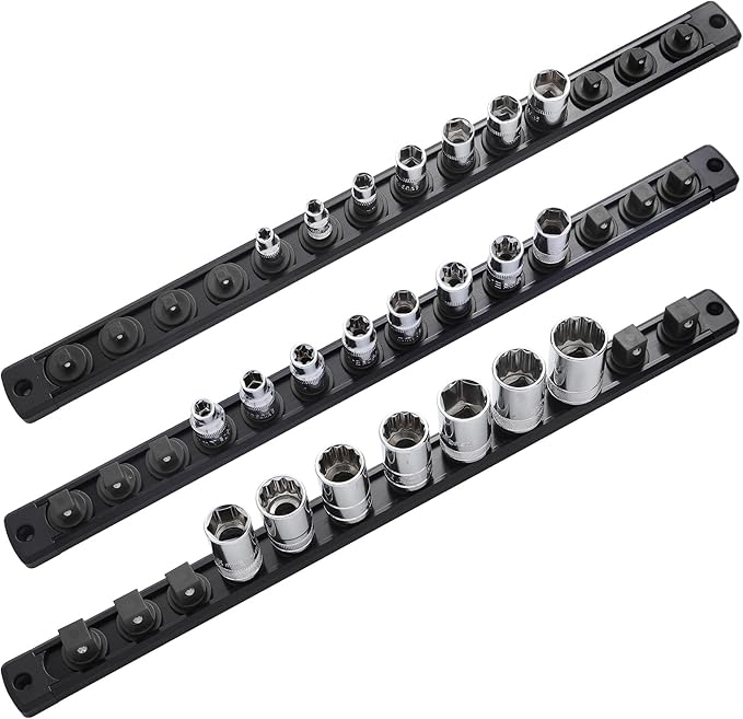 3-Piece Magnetic Socket Organizer, Heavy Duty Aluminum Socket Rails Organizer, 360° Swivel Clips Socket Holder Kit for Tool Box, 1/2, 3/8, 1/4-Inch Socket Holder x 40 Clips (Black)