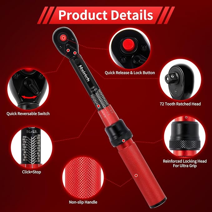 1/4-Inch Drive Click Torque Wrench Set,2.3-24.9 N.M/20-220IN.LB, Bike Torque Wrench Set,16PCS 72-tooth Torque Wrenches Set with Extension Bar & Socket Sets for Bicycle