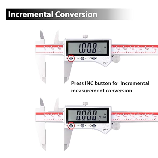 VINCA IP67 Grade Digital Caliper, DIPA-0605 0-6 Inch/150mm, Inch/Millimeter/Fraction Conversion, Stainless Steel, Large LCD Screen