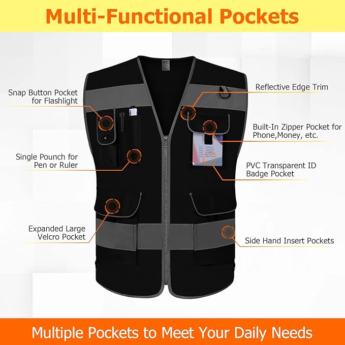 TCCFCCT Mesh Safety Vest 9 Pockets High Visibility Reflective Safety Vest for Men Women, Hi Vis Work Vest with Reflective Strips, Meets ANSI/ISEA Standards, (Black, 3X-Large)