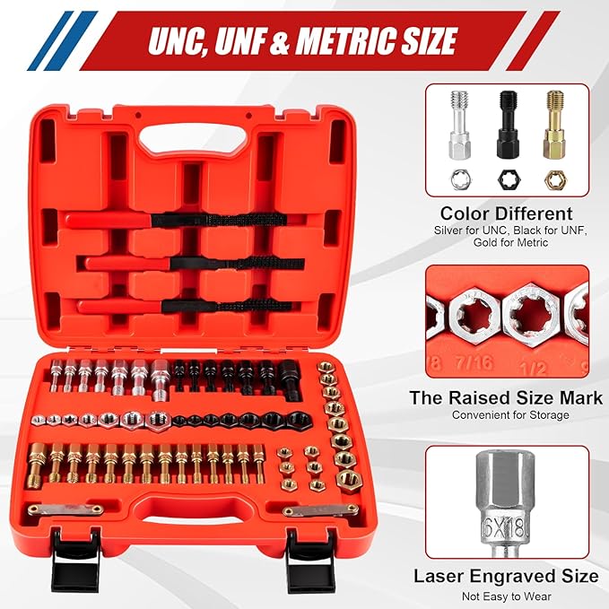 61Pcs Thread Repair Kit, UNC, UNF & Metric Thread Chaser Set, Rethread Repair Tool with Taps Dies Thread Files and Thread Pitch Gauge for Repair or Reshape Damaged Threads Bolts, Nuts and Screws