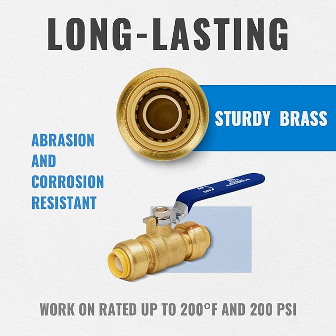 SUNGATOR 1/2" Shut Off Valve, Ball Valve 1/2 Inch, Pushfit Water Shutoff, No Lead Brass Push-to-Connect Plumbing Fittings for Pex Pipe, Copper, CPVC, with 1 Disconnect Clip, Pack of 2