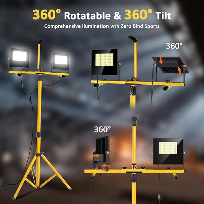 24000 Lumen Work Lights with Stand, Floodlight Works Light Adjustable 2 Head Tripod Work Light IP67 Waterproof Tripod Work Lights Stand