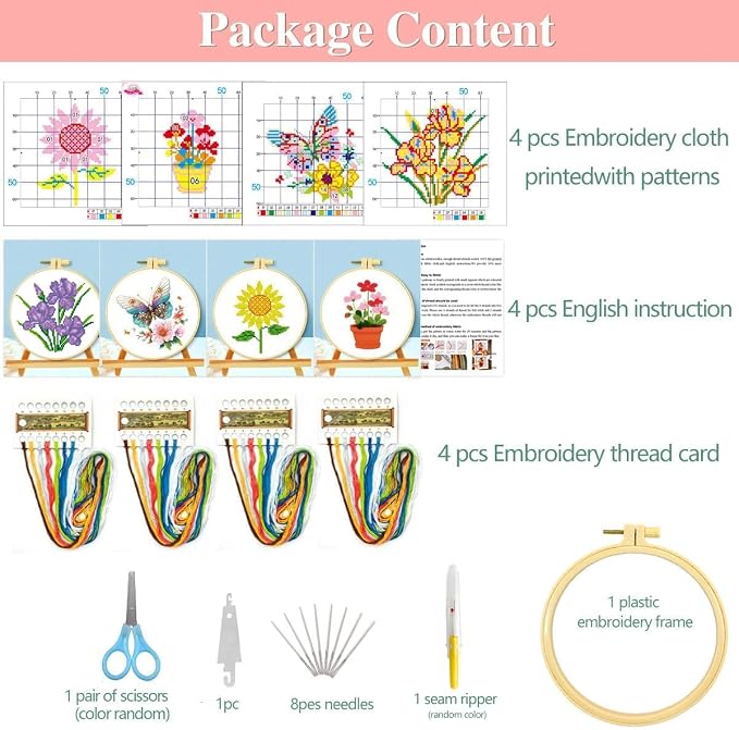 Zhenqing 4 Pack Floral Stamped Cross Stitch Kit, 11CT Printed Iris Sunflower - Image 4