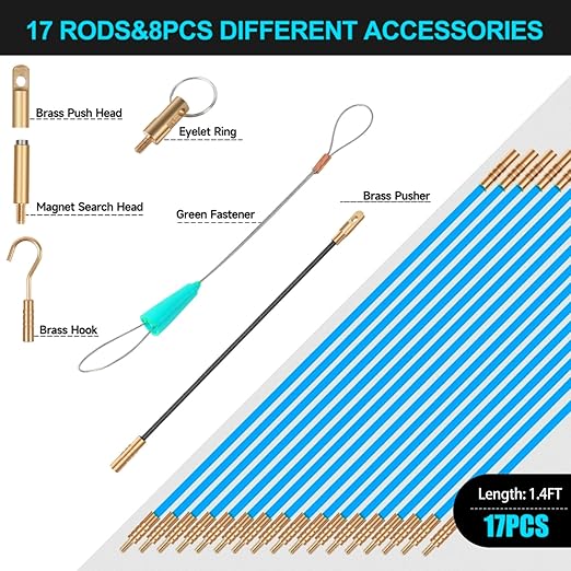 23.8FT Fiberglass Running Electrical Wire Cable Glow Rods Wire Pulling, Fish Rods Electrical Kit with 6 Different Attachments and Fish Tape Wire Puller Kit (23, Blue)