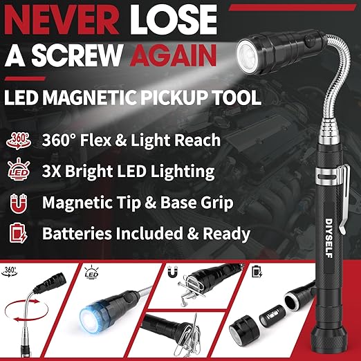DIYSELF Telescoping Magnetic Pickup Tool, Flexible LED Magnetic Pickup Tool with 360 Swivel Adjustable Inspection Mirror, Telescoping Magnet for Men, Great Gifts for Dad, Husband, 5-in-1 Set