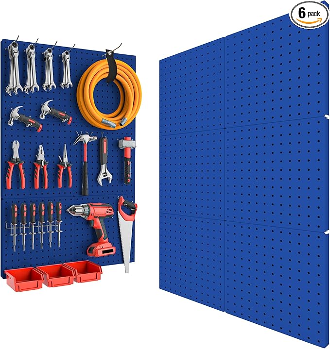 Peg Board, 6PCS Metal Pegboard, Heavy Duty Pegboard Wall Organizer with Frame. Pegboard for Walls, Garage, Workbench, Craft Room Tool Organization, Metal Pegboard Panels 12in*12in,Blue