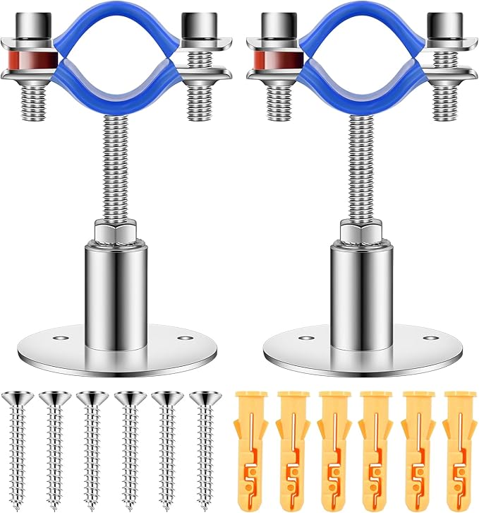 2 Pack Stainless Steel Wall Mount Pipe Support Adjustable - Height Pipe Bracket Pipe Clamp Support Metal Water Pipe Holder Bracket for 3/4 inch Diameter (25-27mm) with Screws