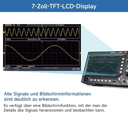OWON Digital Oscilloscope with Dual-Channel Channels and Screen 7 inch / 18 cm, TFT-LCD Display, Portable Professional Oscilloscope Kit with 1GS/s Sampling Rate, Bandwidth 150MH,SDS215