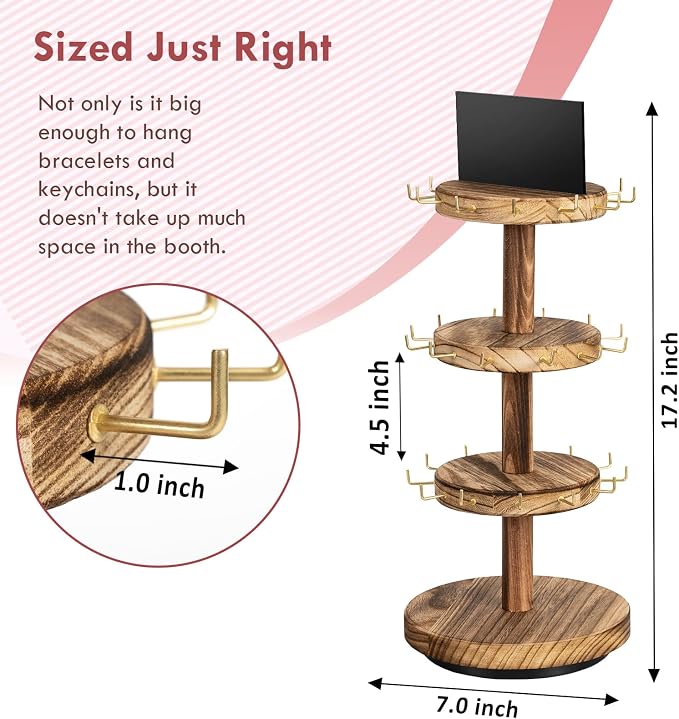 Pinzoveco Bracelet Holder, 3 Tier Wooden Rotating Bracelet Display Stand - Image 4