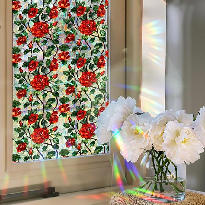 Retro Flower Window Privacy Film, Stained Glass Decals Chinese Red Rose Privacy - Image 3