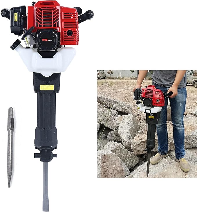 52cc 2 Stroke Handheld Gas Powered Demolition Jack Hammer Concrete Breaker Drill Jack Hammer Air Cooling Breaker Drill with 2 Chisel (One Point and One Flat) Gasoline Concrete Breaker for Building