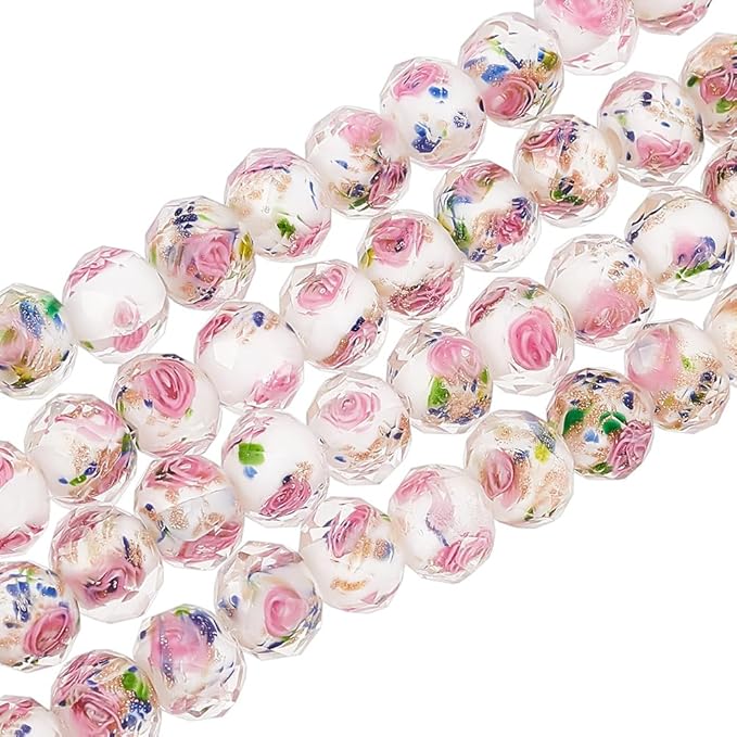 PH PandaHall 60pcs 9~10mm Rose Lampwork Beads Gold Sand Glass Beads Handmade by PHPandaHall