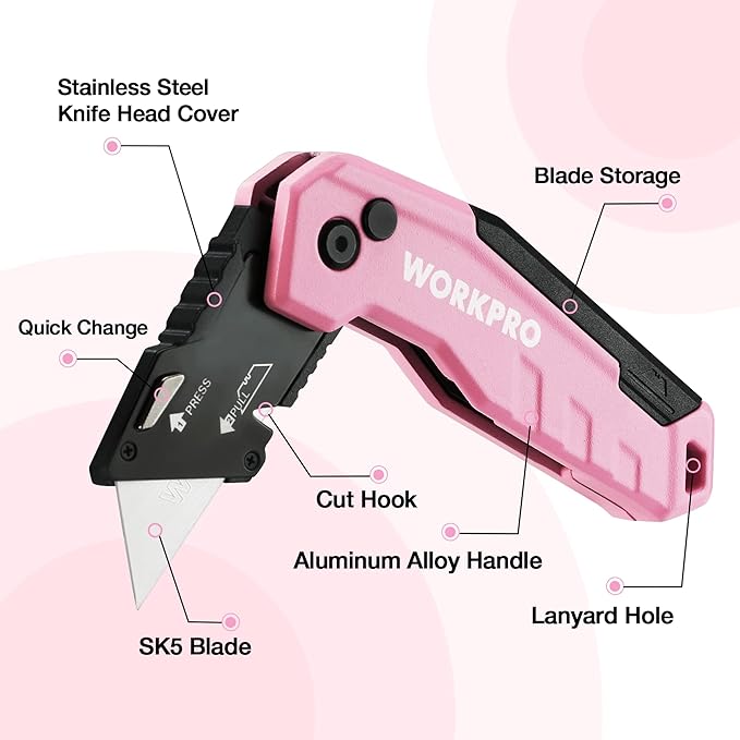 WORKPRO Folding Utility Knife, Quick Change Box Cutter, Razor Knife for Cartons, Cardboard, Boxes, Blade Storage in Aluminum Handle, 13 Extra Blades Included - Pink Ribbon
