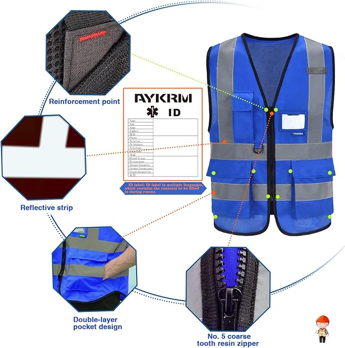 A-SAFETY XSmall Blue Safety Vest Reflective Work Vest,Hi Vis vest 7 Pockets, X-Small