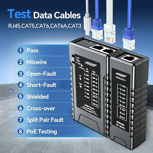NOYAFA NF-468YS Network Cable Tester, Rechargeable RJ11 RJ45 Ethernet Cable Tester for CAT5 CAT5 CAT6 CAT7, Continuity Tester UTP/STP Cable Toner POE Tester LAN Telephone 60V Anti-Burn Network Tools