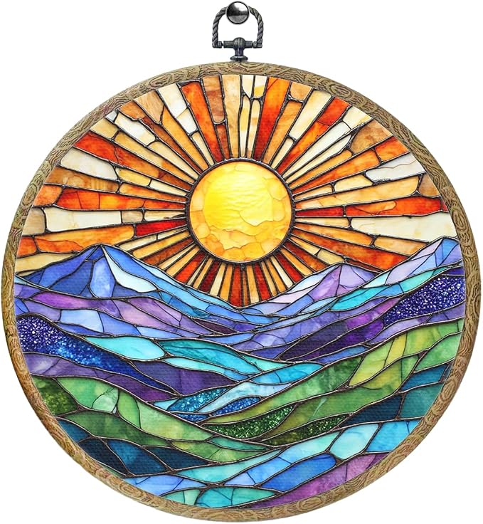 Colorful Mountain Sunset Bohemian Style Rainbow Sunrise Art Gift Framed Round by Unknown