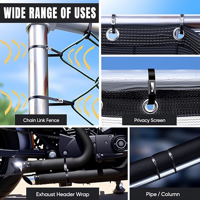 Black Metal Zip Ties, 11.8inch 50pcs 304 Stainless Steel Zip Ties, Uv Resistant Chain Link Fence Ties for Machinery, Exhaust Wrap, Farm, Pipe, Roof, Cable, and Outdoor Fences
