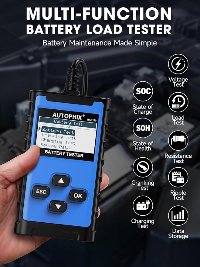 AUTOPHIX BAS100 Car Battery Tester 12V 24V, Accurate Automotive Load Meter Alternator Analyzer 100-2000 CCA Load Tester, Charging & Cold Cranking Test for Cars Truck Motorcycle Boat and More