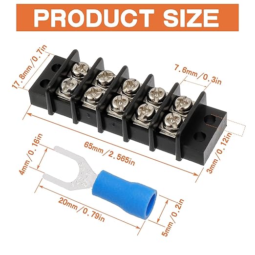 5 Circuits 5 Positions Terminal Block 20-30A 200-450V Dual Row Screw Terminals Strip with 50 PCS Heat Shrink Wire Fork Connectors(Pack of 5pcs)
