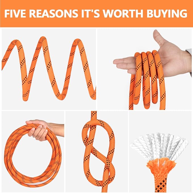 X XBEN Braided Polyester Arborist Rope 1/2 inch X 220ft, 48 Strands, 12 Inner core,5174 LBS Breaking Strength Outdoor Ropes, Arborist Rigging Rope for Rock Hiking Camping Swing Tree Rescue,Orange