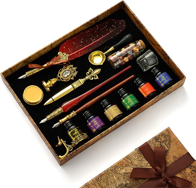 Joyeee Red Feather Pen and Ink Set, Vintage Pen & Sealing Wax Stamp Set by Joyeee