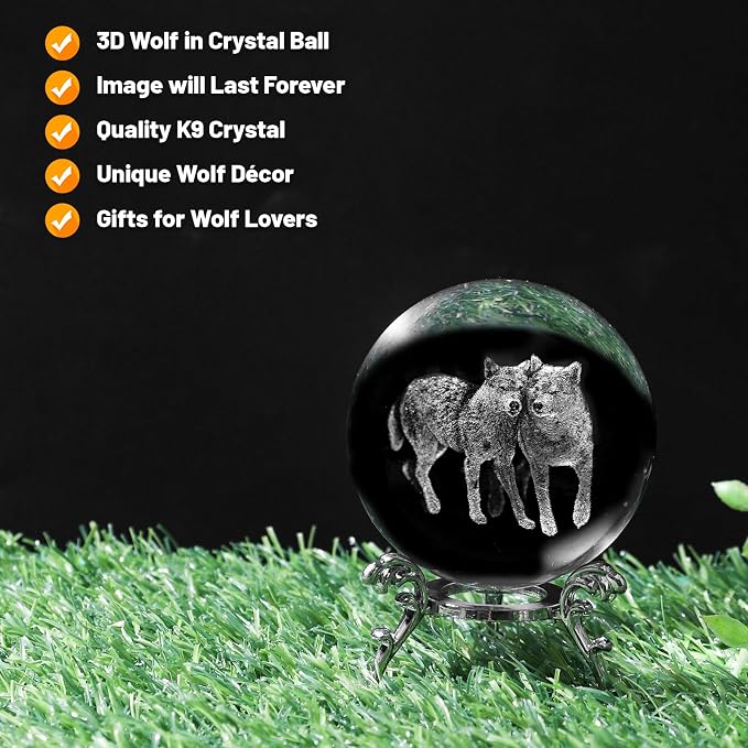 3D Wolf Crystal Ball with Stand Lase Engraved Glass Sphere Paperweight Wolf - Image 4