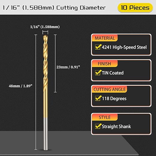 Drill Bit, 1/16" Cutting Diameter (1.588mm), 4241 HSS TiN Coated 118° Cutting Angle Versatile Jobber Bits - (Applications: for Drilling Plastic Wood Soft Thin Metal), 10-Pieces
