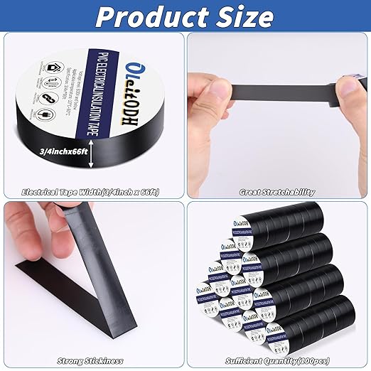100 Rolls Black Electrical Tape Bulk 3/4 Inch x 66ft, Waterproof Vinyl Electric Tape High Temp Insulation Tape for Electrical Protection Home Outdoor Electric Insulating Wire Wrapping