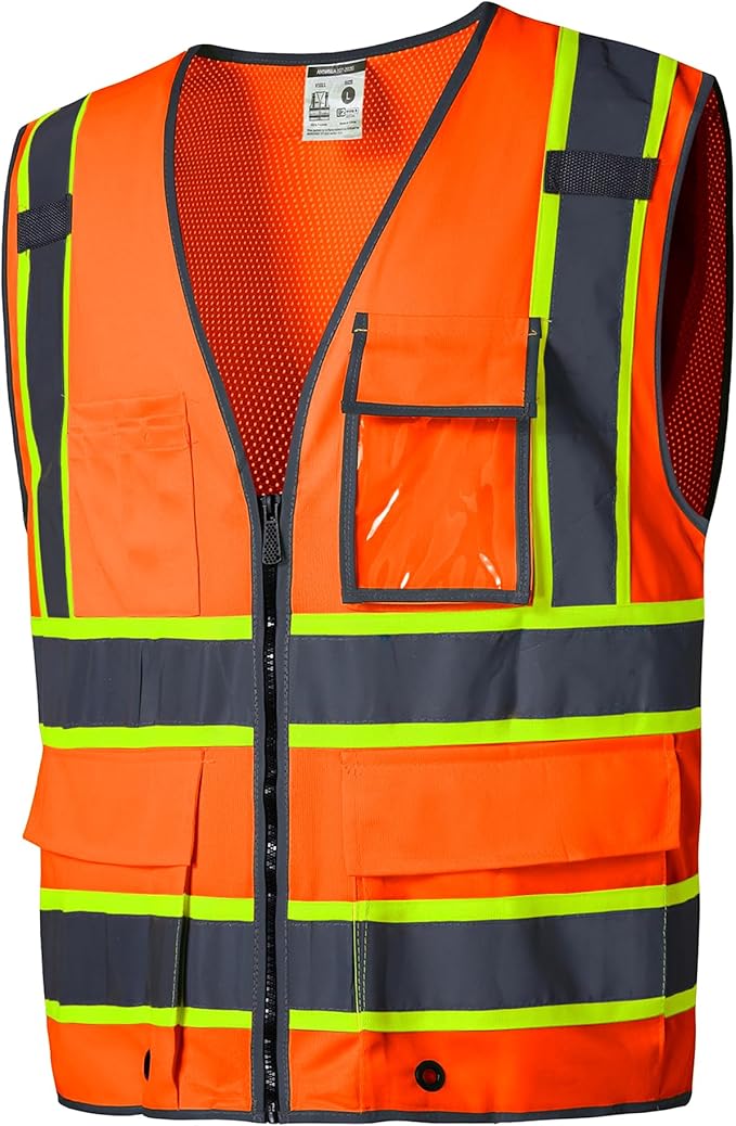 SKSAFETY 10 Pockets Safety Vest, Class 2 High Visibility Security with Zipper Back Mesh, Hi Vis Vest with Reflective Strips, ANSI/ISEA Standard, Construction Work Vest for Men ＆ Women （Orange, 5XL）